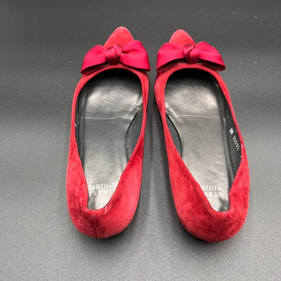Stuart Weitzman Ballet Flats Womens 7M Ruby Red Suede Pointed Toe Bow Shoe - Picture 6 of 10